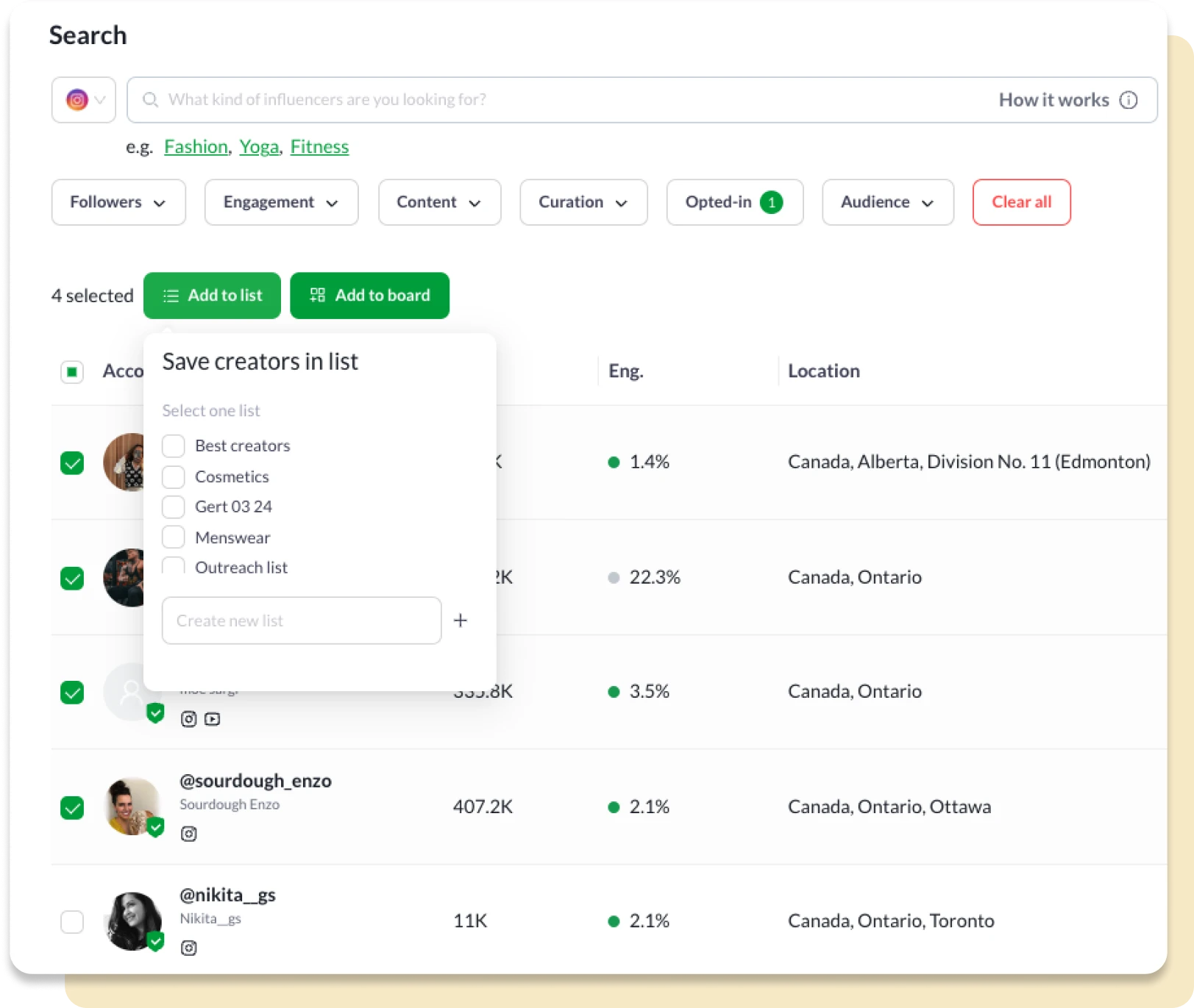 User organizing influencers into a custom list on the Heepsy platform