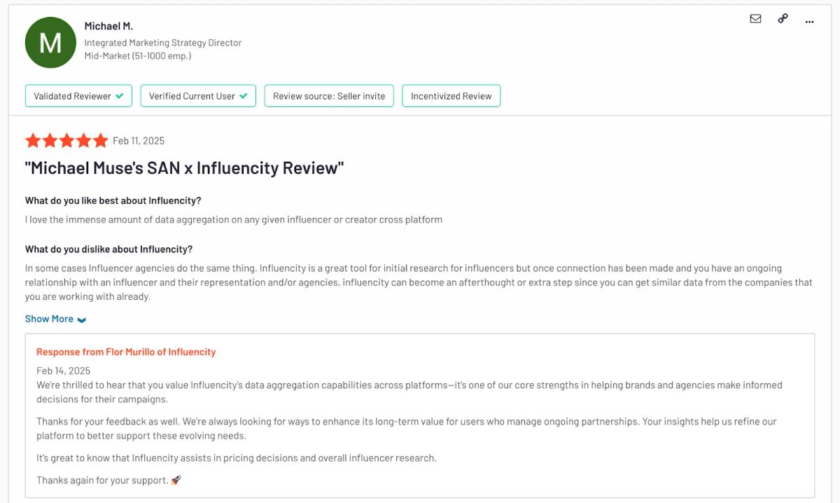 Influencity user reviews and ratings