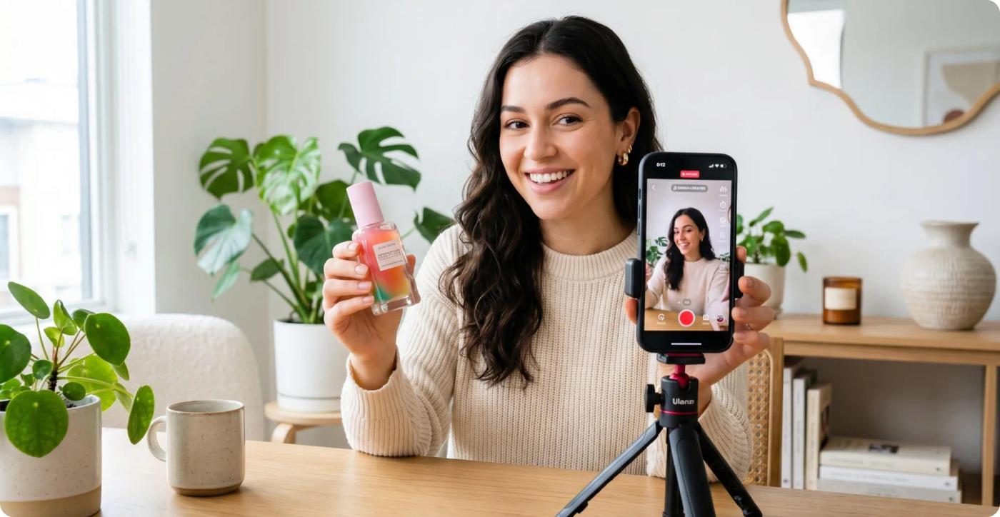 A brand ambassador filming a product video on a phone at her kitchen table