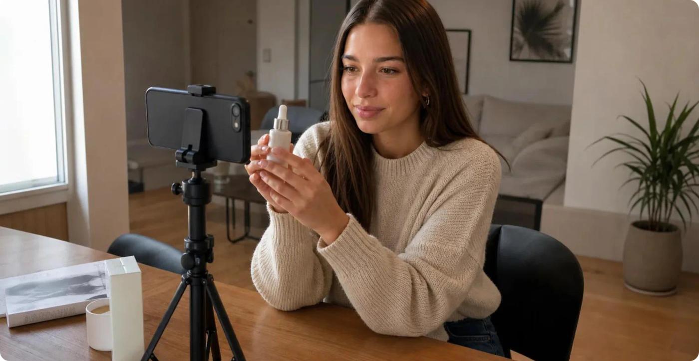 A UGC creator filming a skincare product on a phone mounted to a tripod