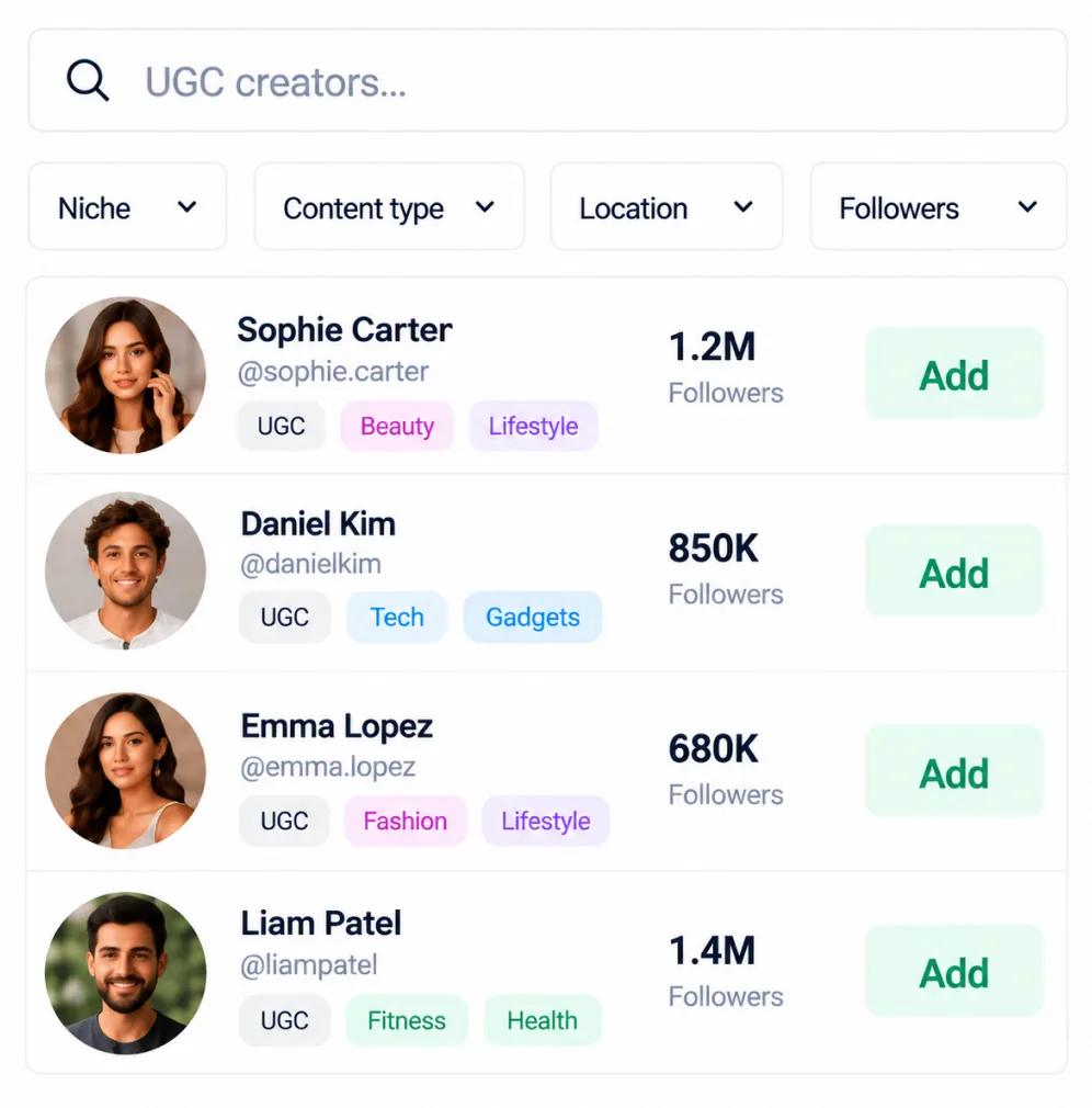 Heepsy UGC creator search, filtered by niche, content type, location and follower count