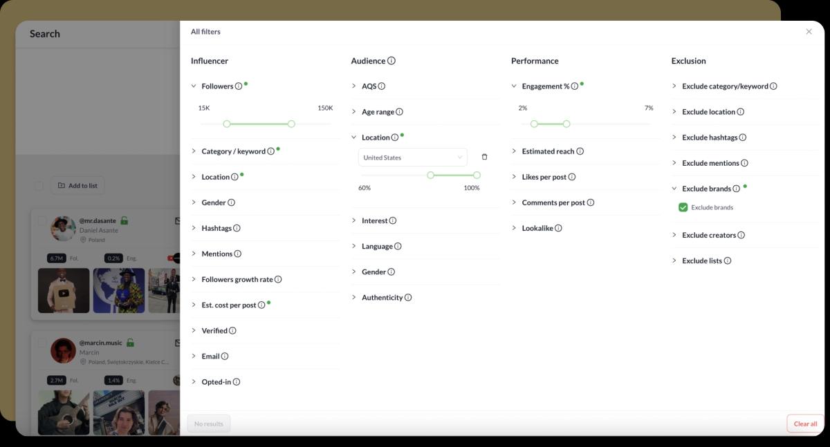 Screenshot of Heepsy's filter options for Instagram influencers.