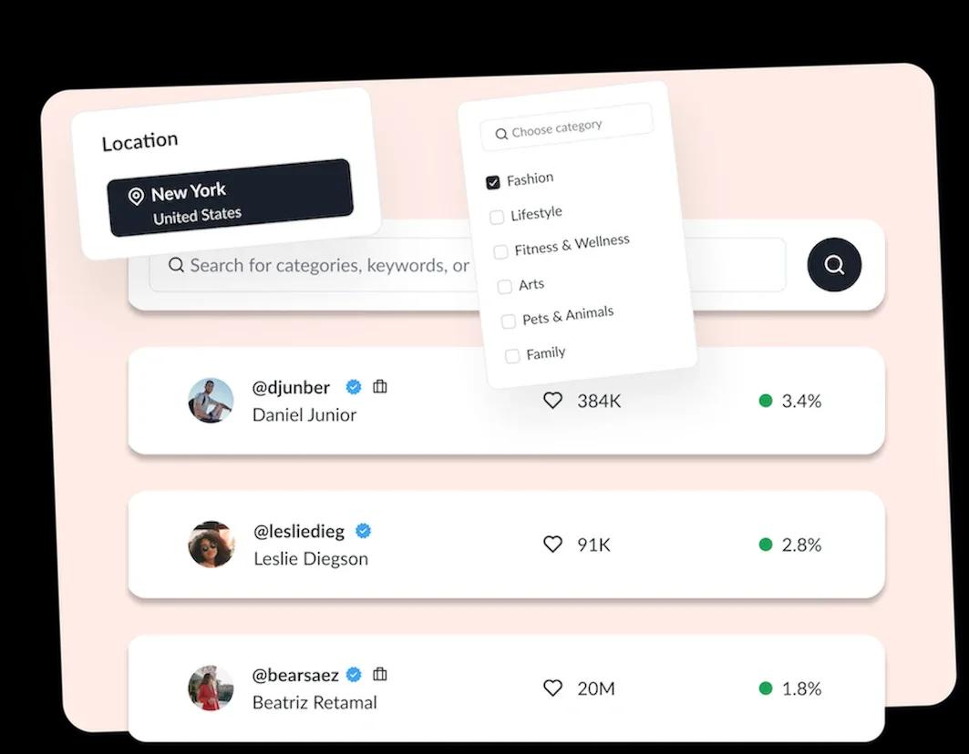 Heepsy search results with creator cards and filters