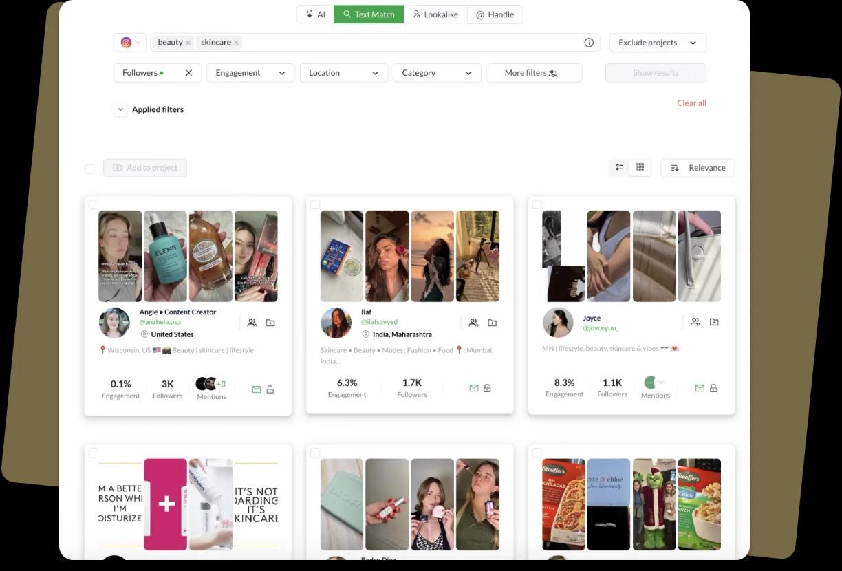 Heepsy search results with creator cards and filters