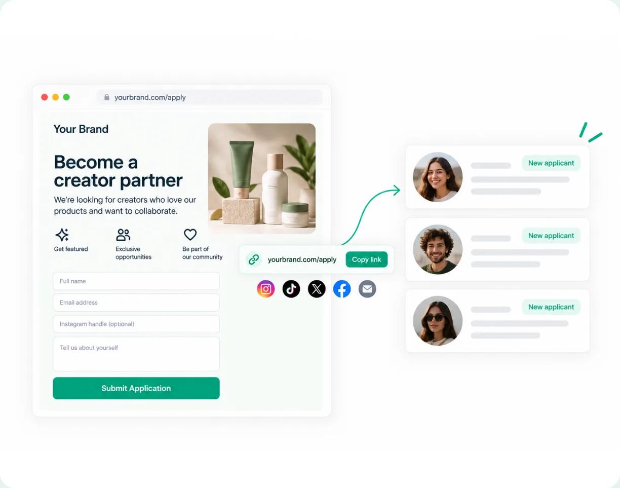 A branded Heepsy application page collecting creator applications