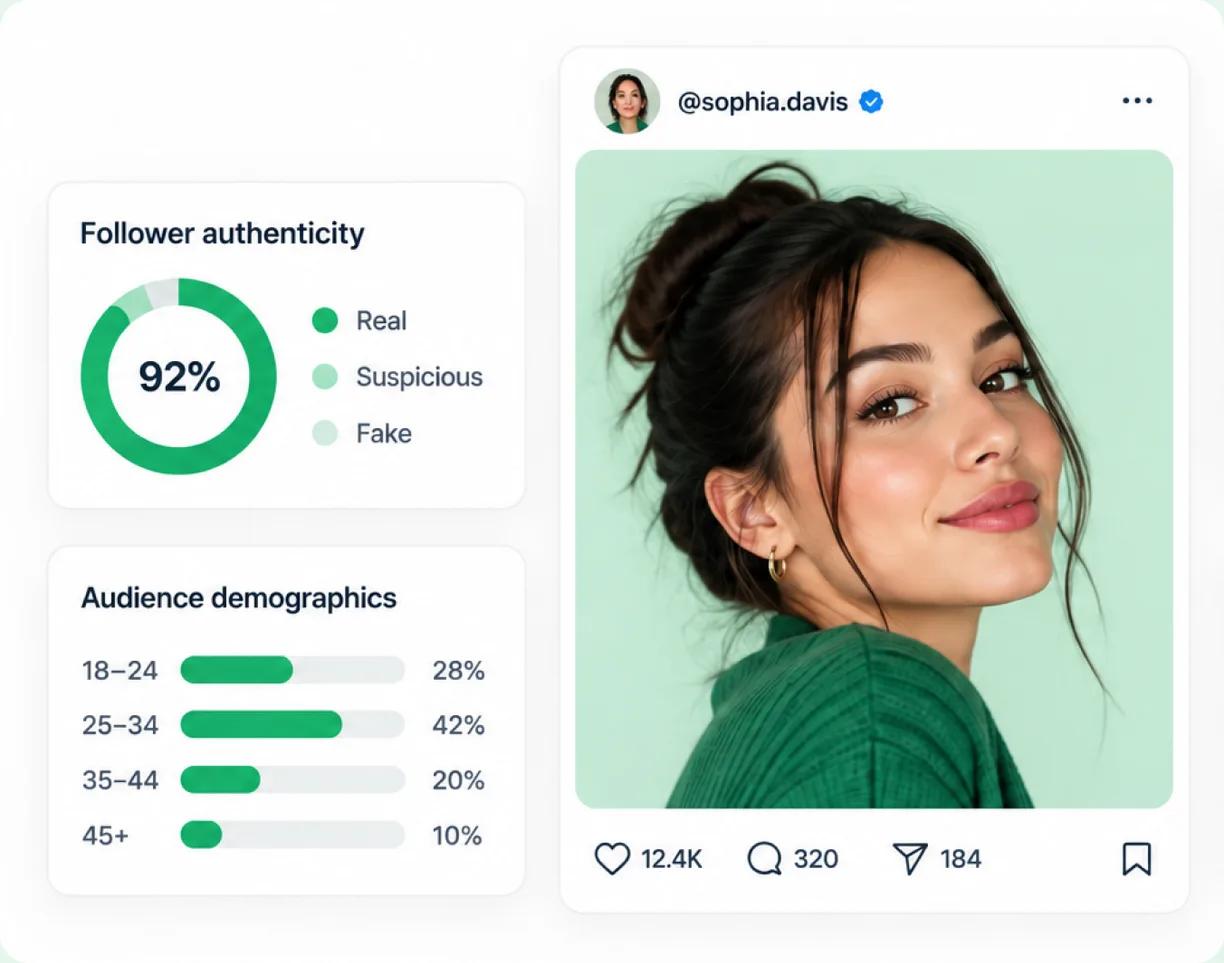 A Heepsy advanced profile showing follower authenticity and audience location for a creator