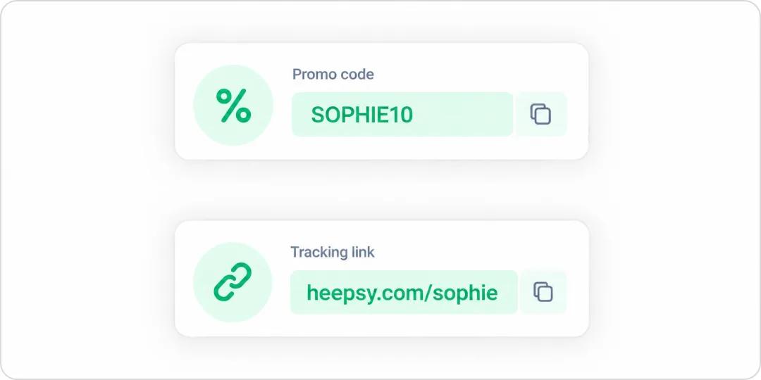 A creator’s tracking link and promo code with the clicks and sales they produced