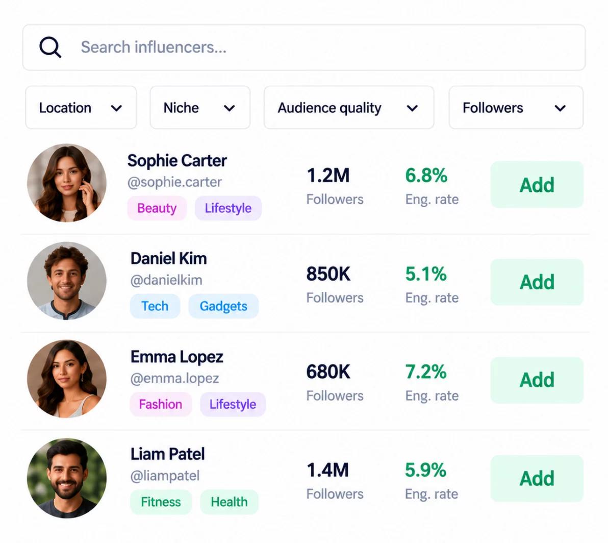 Heepsy influencer search with location, niche, audience quality and follower filters