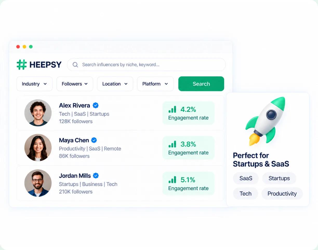 Searching Heepsy's creator database to test whether a niche has the right voices
