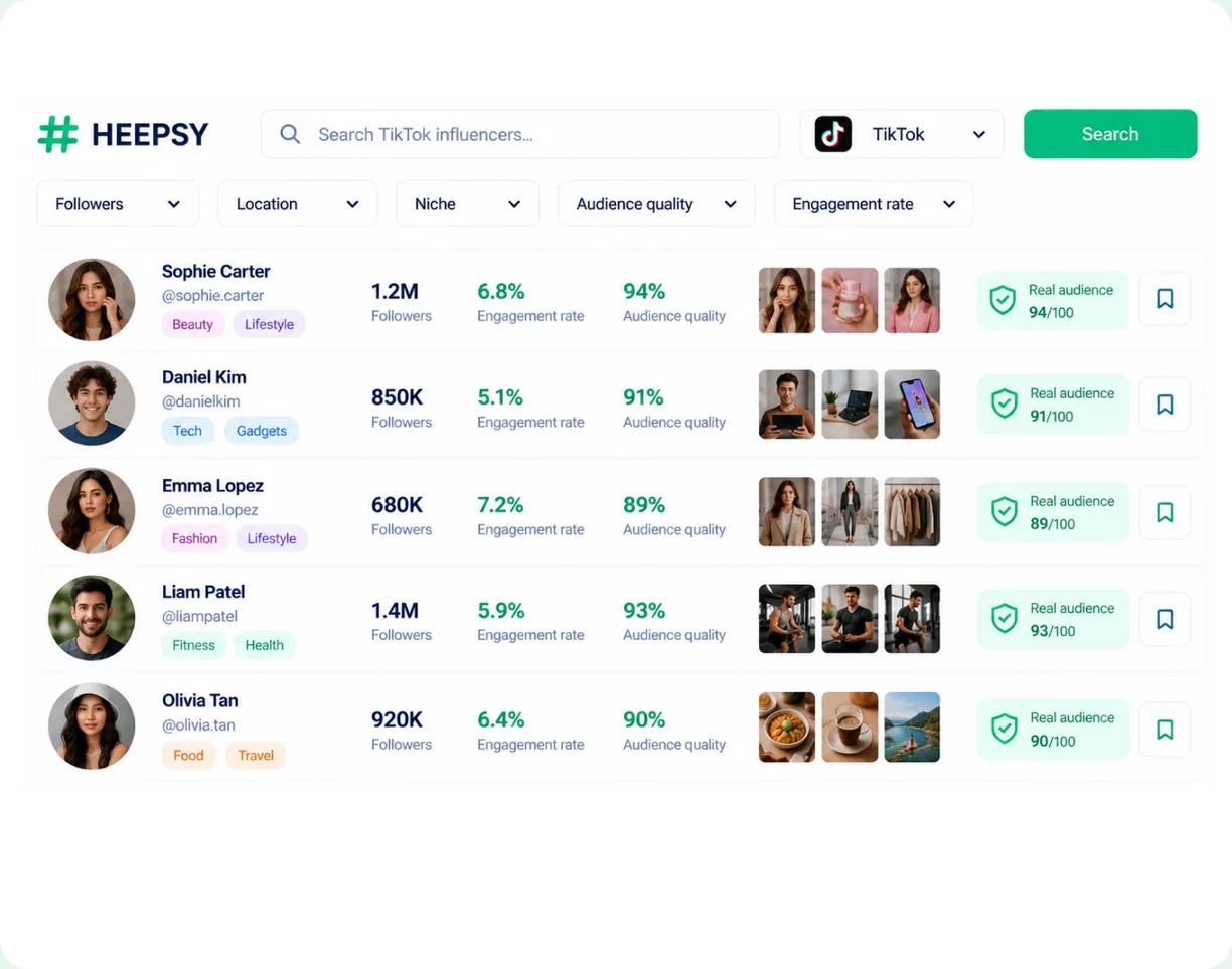 Heepsy TikTok search results with creator cards and network filters
