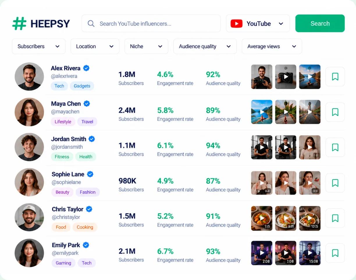 Heepsy YouTube search results with creator cards and network filters