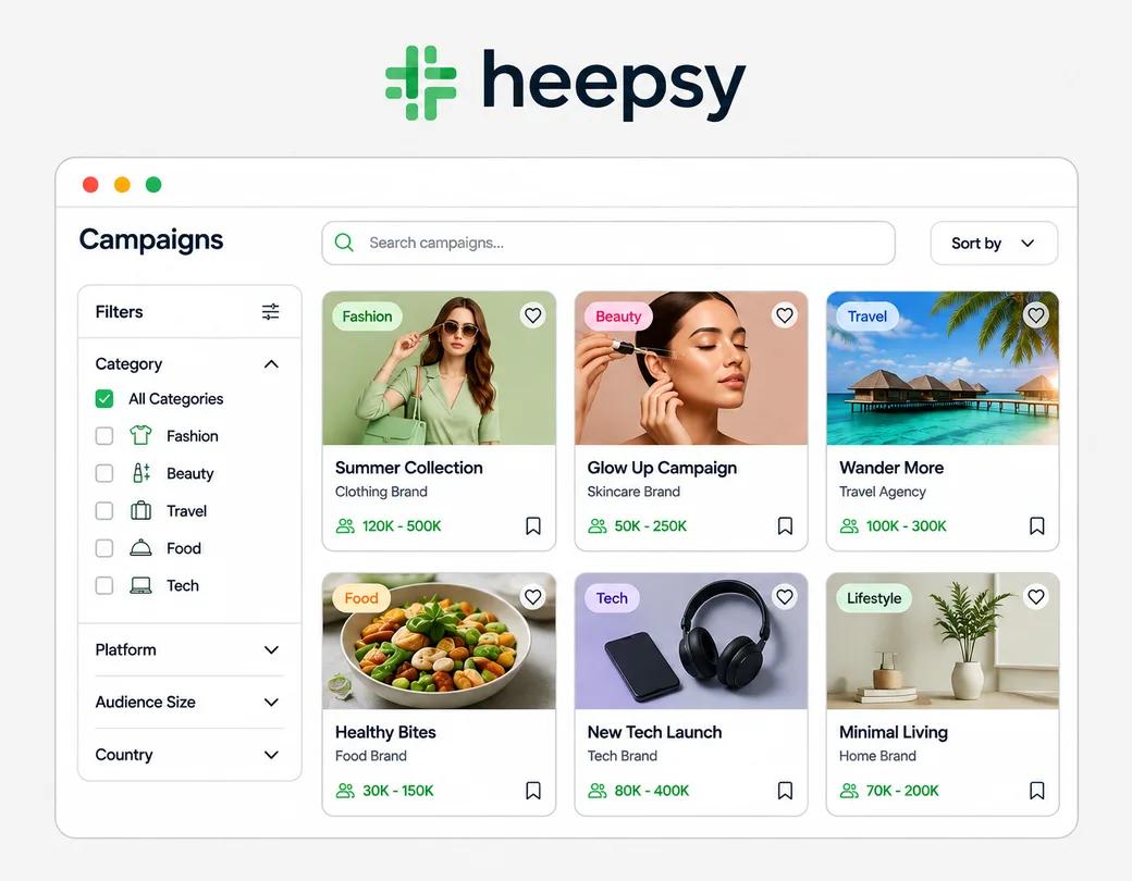 Campaign browser in Heepsy with category filters and campaign cards across fashion, beauty, travel, food and tech