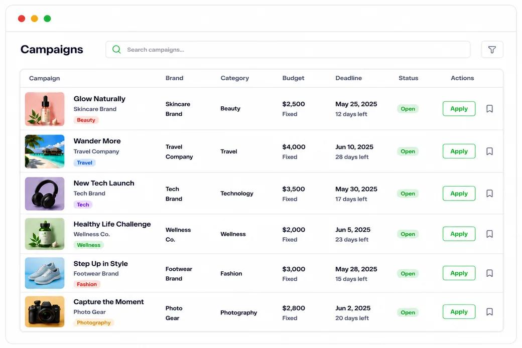 Campaign list with brand, category, budget, deadline and an Apply button on each row