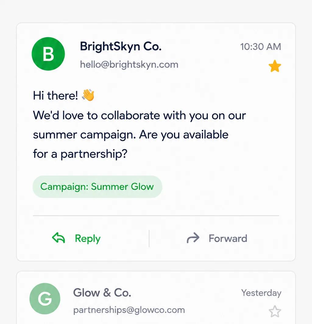 Brand collaboration proposal arriving as an email, with the campaign named and Reply and Forward actions
