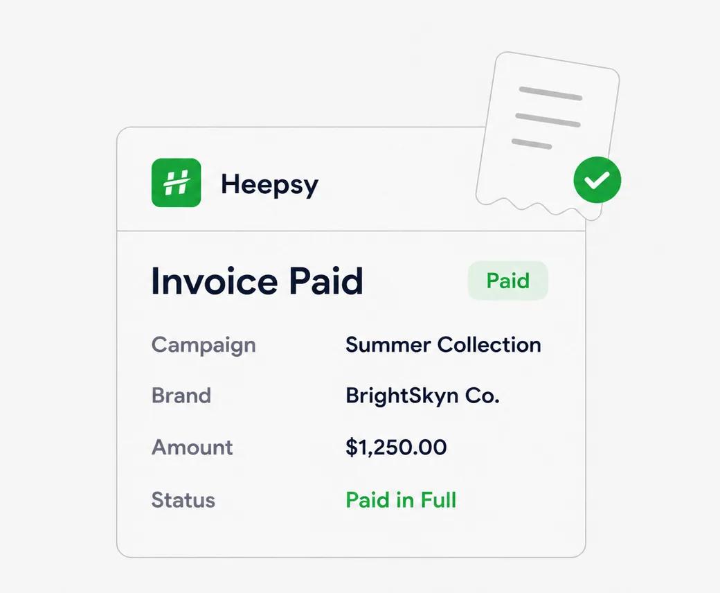 Heepsy invoice marked Paid in Full for a campaign collaboration