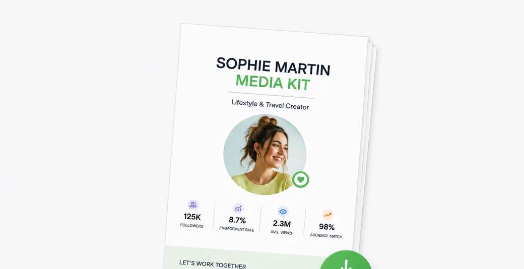 A creator's Heepsy media kit as a PDF, showing followers, engagement rate, average views and audience match