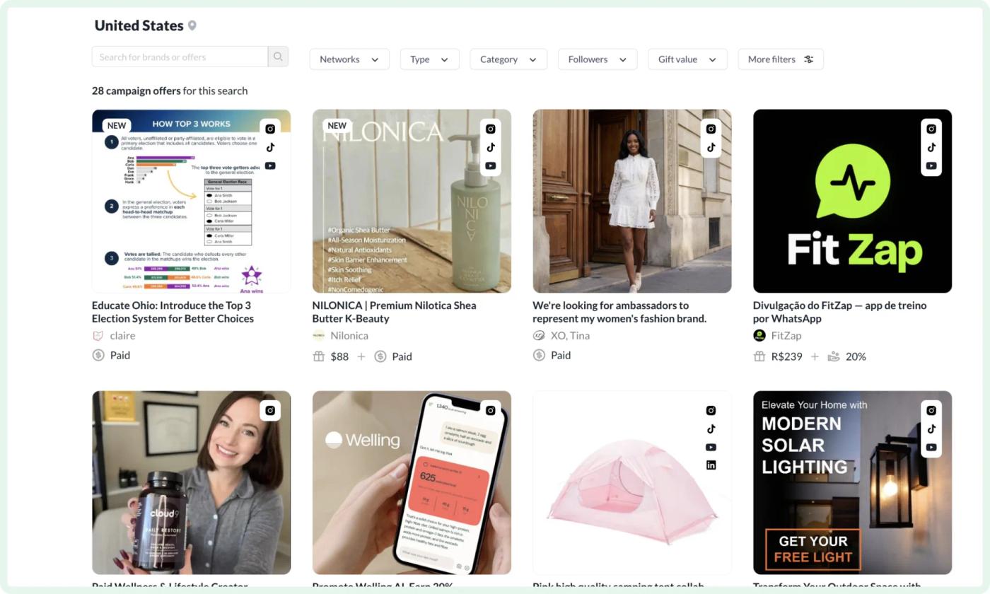 Heepsy campaign offers list with filters and paid collaboration cards from brands