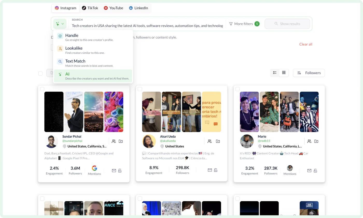 The Heepsy platform showing influencer search results and audience analytics