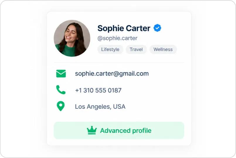 A creator profile with a masked email address before the advanced profile is opened