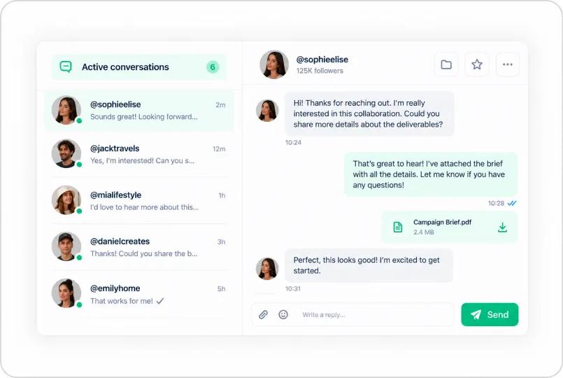 The Heepsy inbox showing only conversations where a creator has replied
