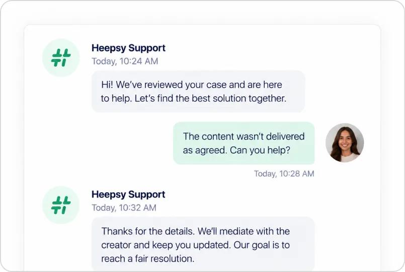 Heepsy support mediating a dispute over undelivered content