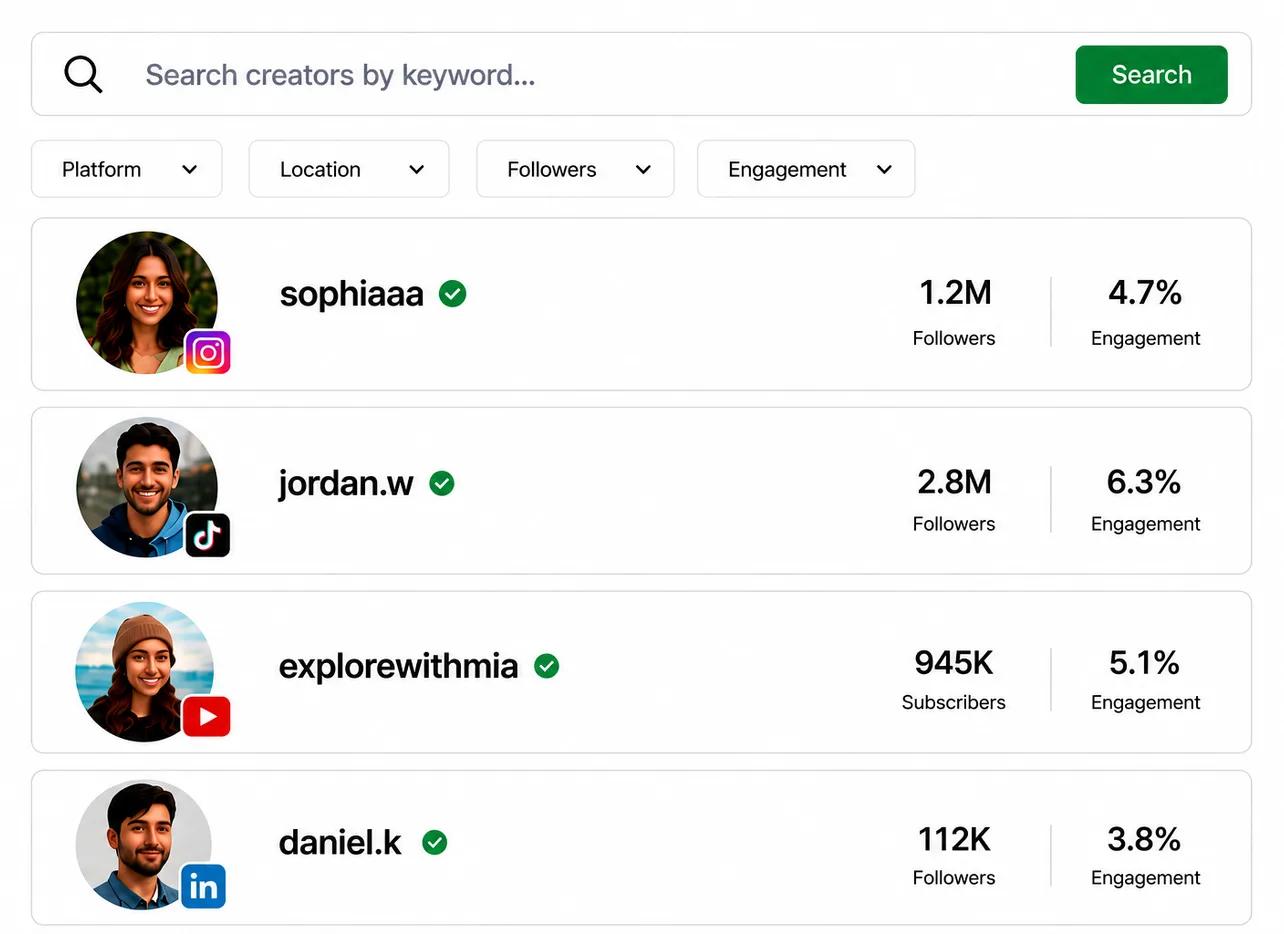 Heepsy influencer search results with filters for niche, location and engagement