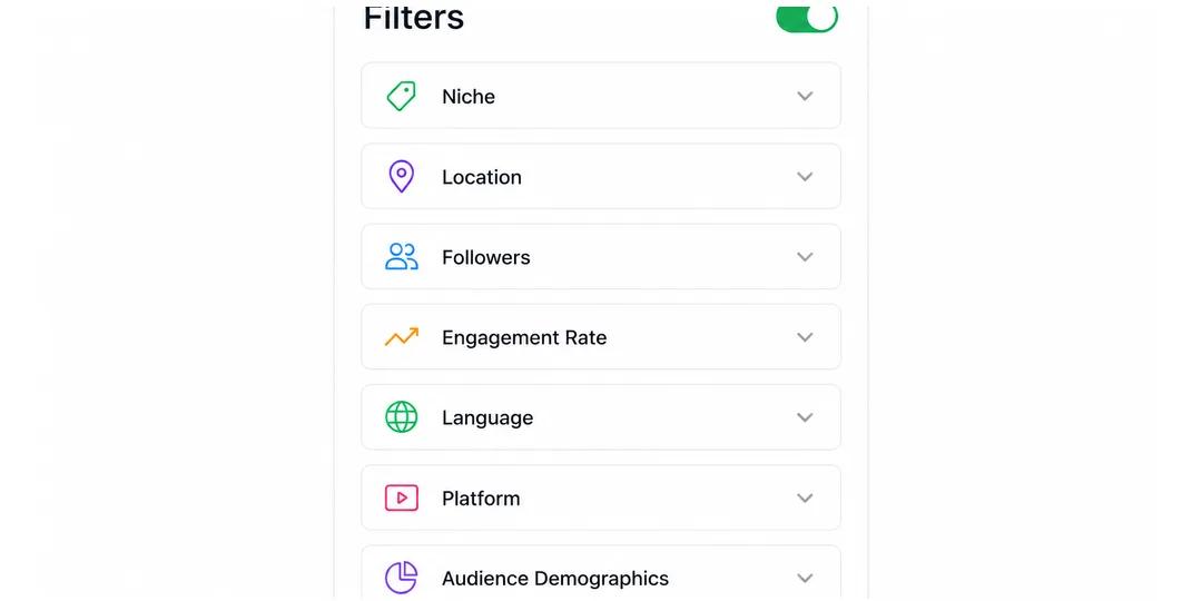 Heepsy filter panel for niche, location, follower count and engagement rate