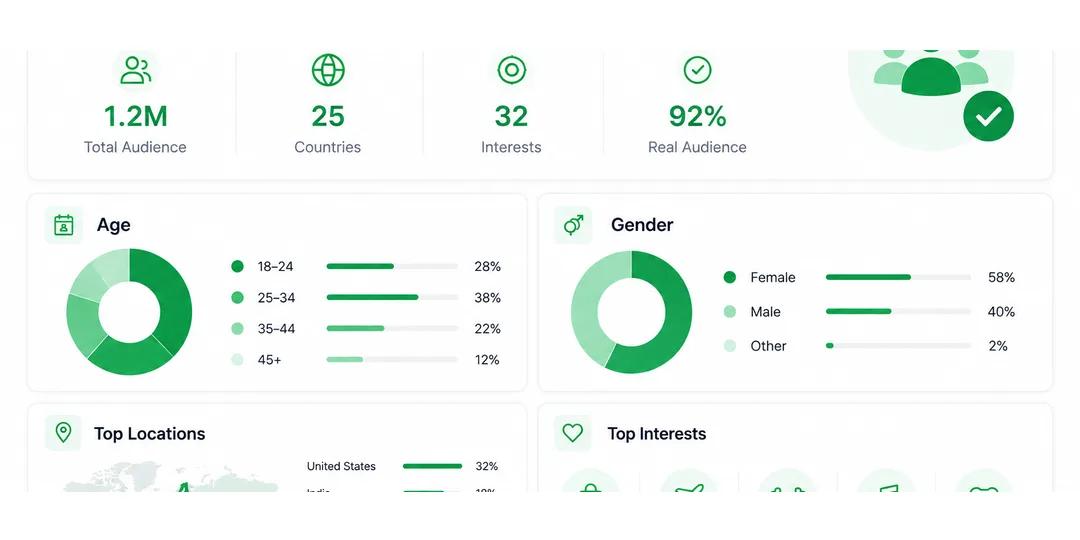 Audience demographics broken down by age, gender, location and interests