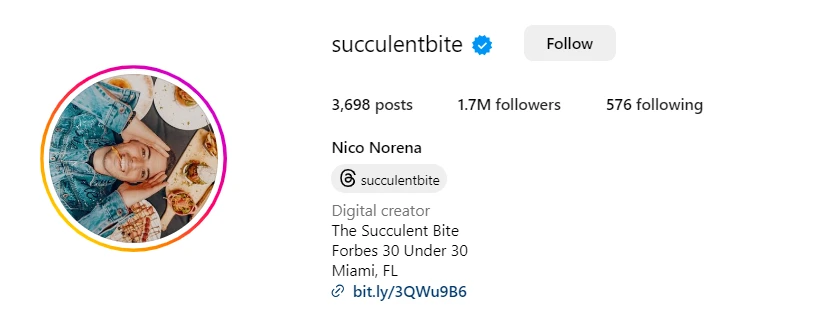 Nico Norena's Instagram bio.